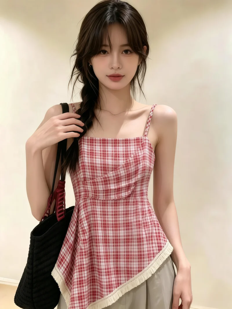 

Summer New Style Women's Slim Fit Tank Top Asymmetric Hem No Sleeve Strap Vest Self Preservation Recommendation Plaid Pattern