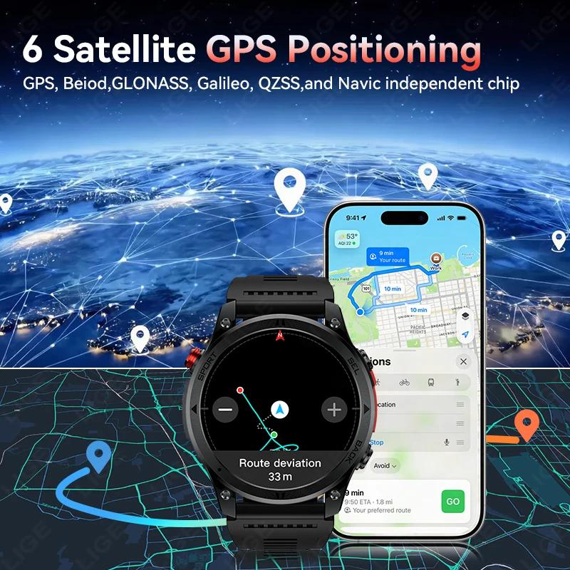 LIGE 2026 GPS Path New Smart Watch 530mAh Battery IP68 Waterproof Outdoor Sports Run Tracker BT Call Compass Military Smartwatch