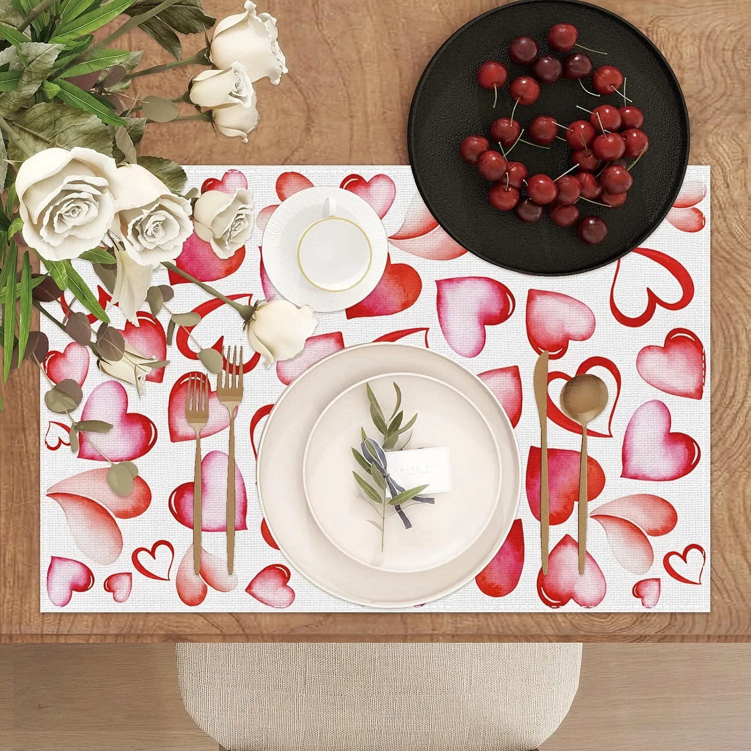 VIKAMA 4/6/8/10-Piece Valentine's Day Heart-Shaped Placemats Dining Table Mats Kitchen Decor Coasters Coffee Coasters