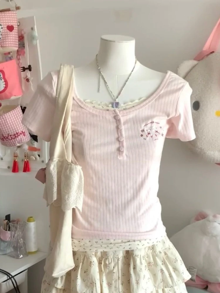 Summer Sweet Fake Two Piece Patchwork Short Sleeve T-Shirts Fashion Pretty Kawaii Cute Pink Print Slim 2-piece Set Women's New