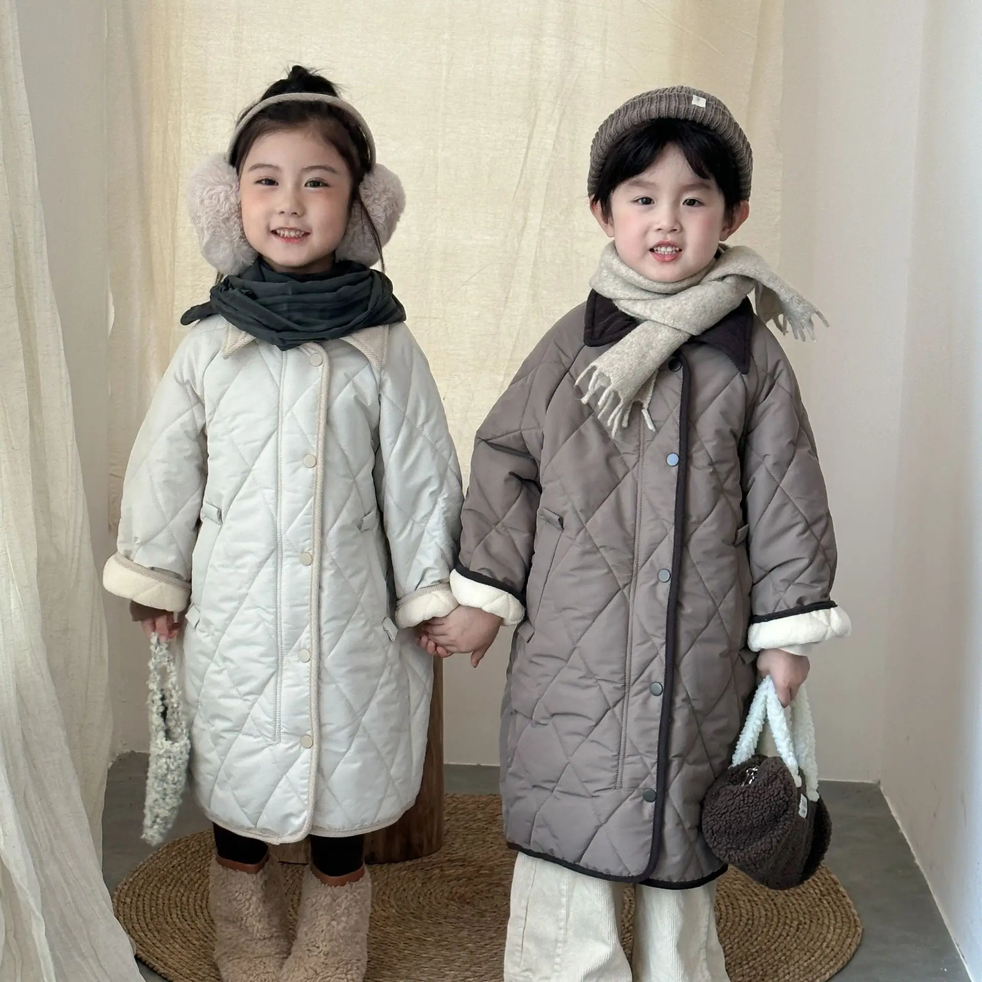 2025 Winter New Children Vintage Fleece Coat Boys Long Padded Jacket Plus Velvet Thick Girls Warm Windbreaker Kids Clothes