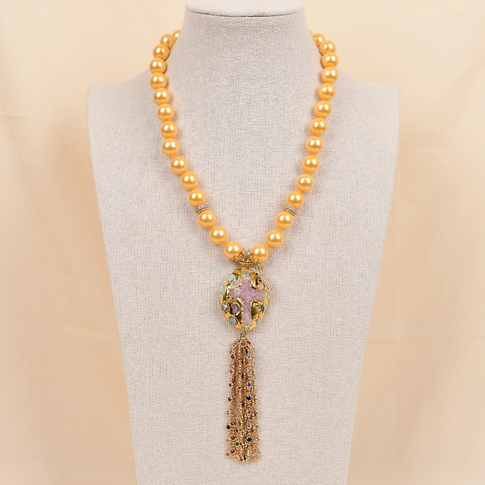 APDGG NO135 Handmade Natural Yellow Shell Quartz Chain Pendant Gems Multi Strands Necklace