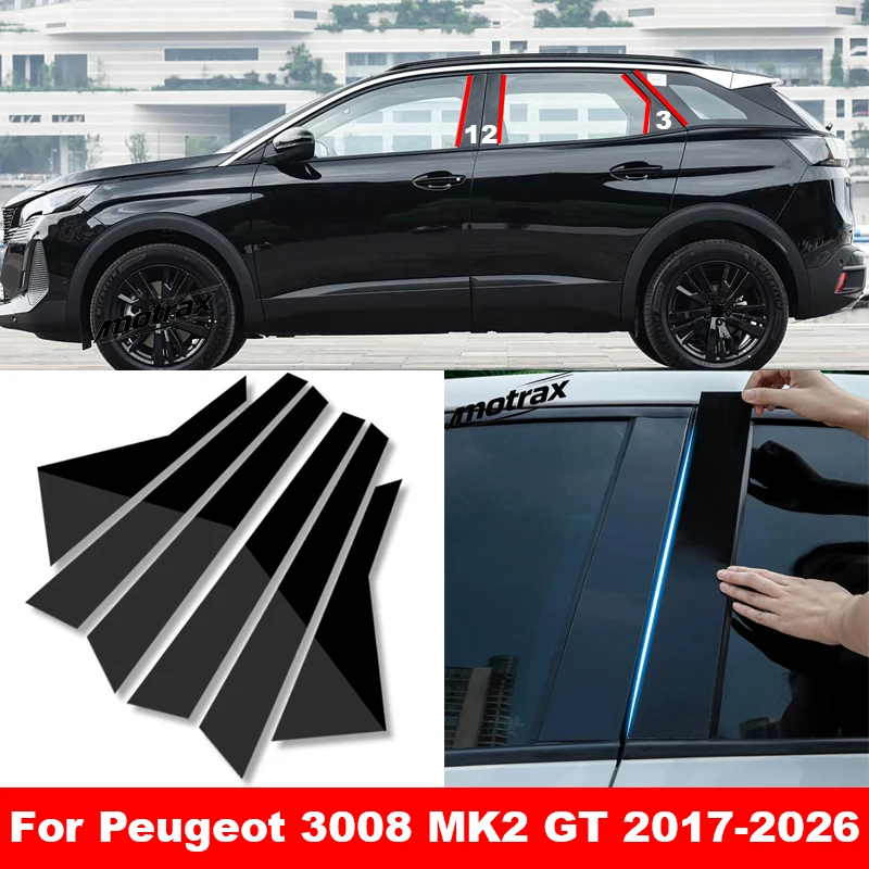 Car PC Material Pillar Post Cover Door Trim Window Molding Sticker for Peugeot 3008 MK2 GT 2017-2026 Accessories