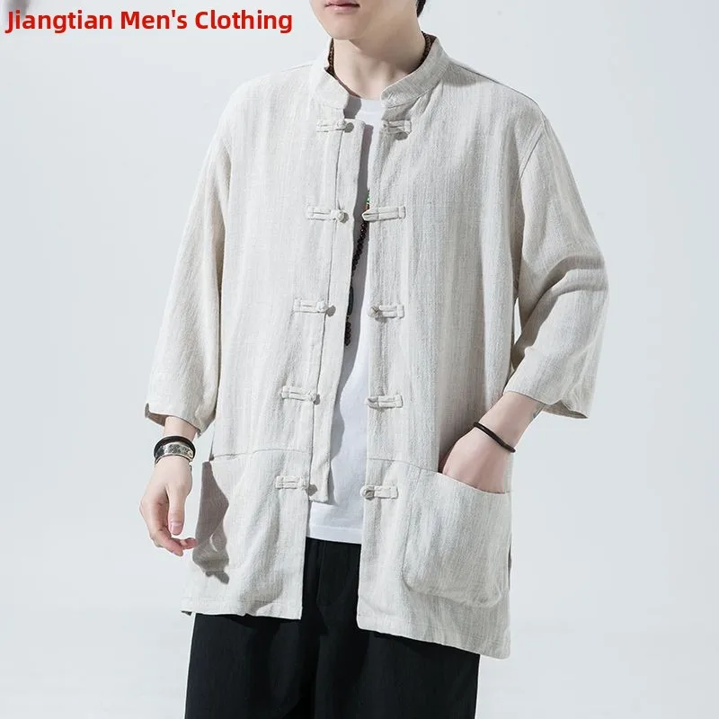 

Loose Men's Linen ort Sve irt Retro Chinese Sle Cotton Linen Summer Large Size Trendy Seven-Quarter Sve Tang Costume