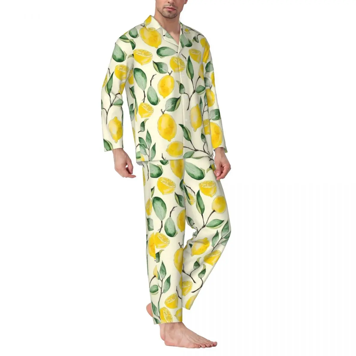 Fruit Print Pajamas Men Watercolor Lemon Kawaii Daily Nightwear Autumn 2 Pieces Retro Oversize Pattern Pajama Set