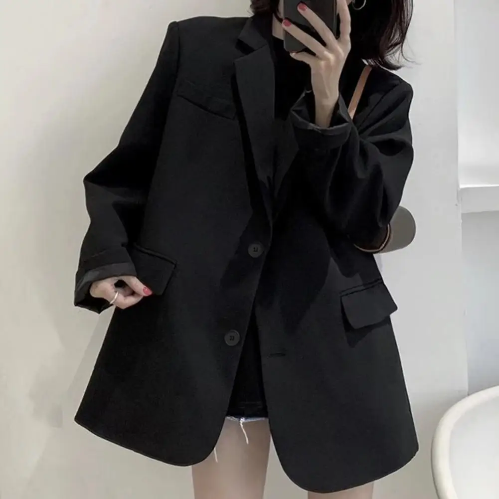 Women Chic Office Lady Two Buttons Blazer Solid Color Coat Fashion Lapel Long Sleeve Ladies Outerwear Stylish Tops