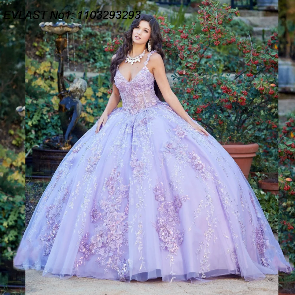 EVLAST personalizado 2025 vestido De baile lila vestido para quinceañeras Apliques De encaje rebordear corsé De México dulce 16 Vestidos De 15 Anos E1Q581