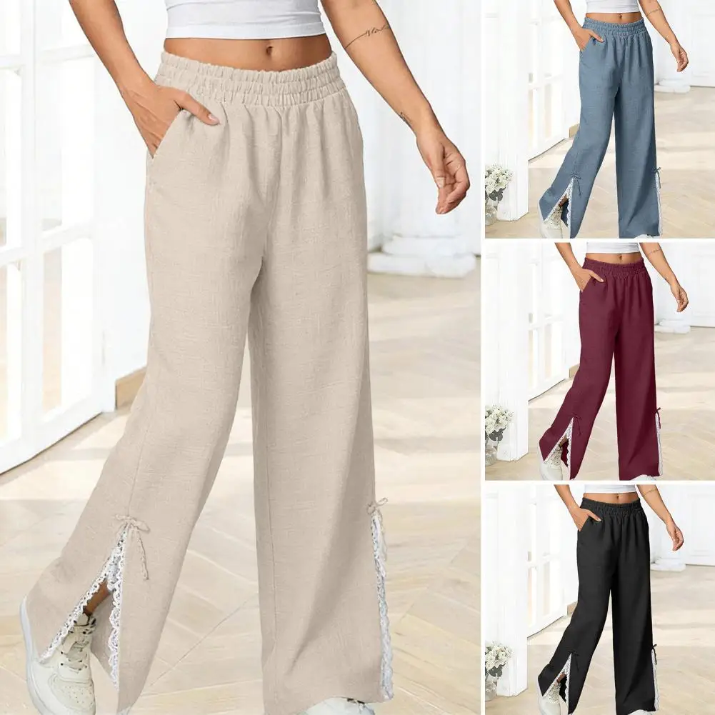 Daily Wear Loose Fit Trousers, Women Elastic Mid-rise Pure Color Long Pants With Pockets Opening Leg Lace Splicing