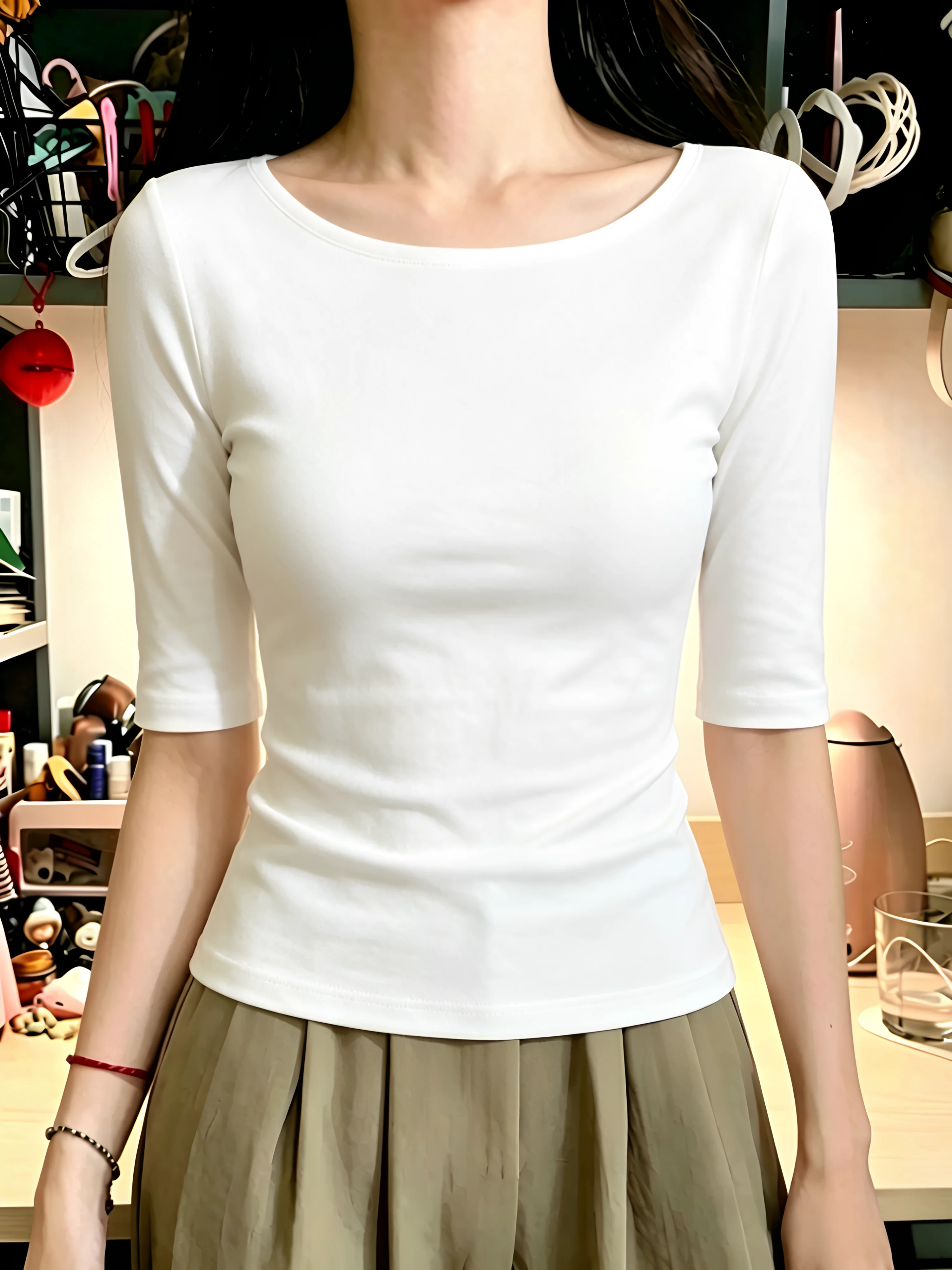 

Spring Autumn New Five-Quarter Sleeve T-Shirt Women Large Size Fat MM Inner Wear Outer Wear Base Shirt Half Sleeve Slim Fit Top