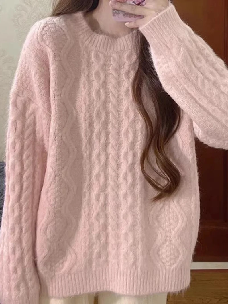 

Lazy Style Pink Fried Dough Twists Knitted Sweater Women's Pullover New Korean Soft Waxy Pullover Shirt Spring Autumn 2025 New