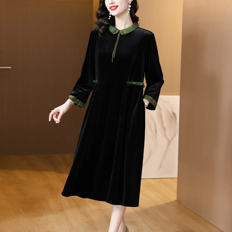 

2023 Black Velvet Embroidery Floral Luxury Midi Dress Women Korean Vintage Prom Dress Autumn Winter Elegant Casual Dress