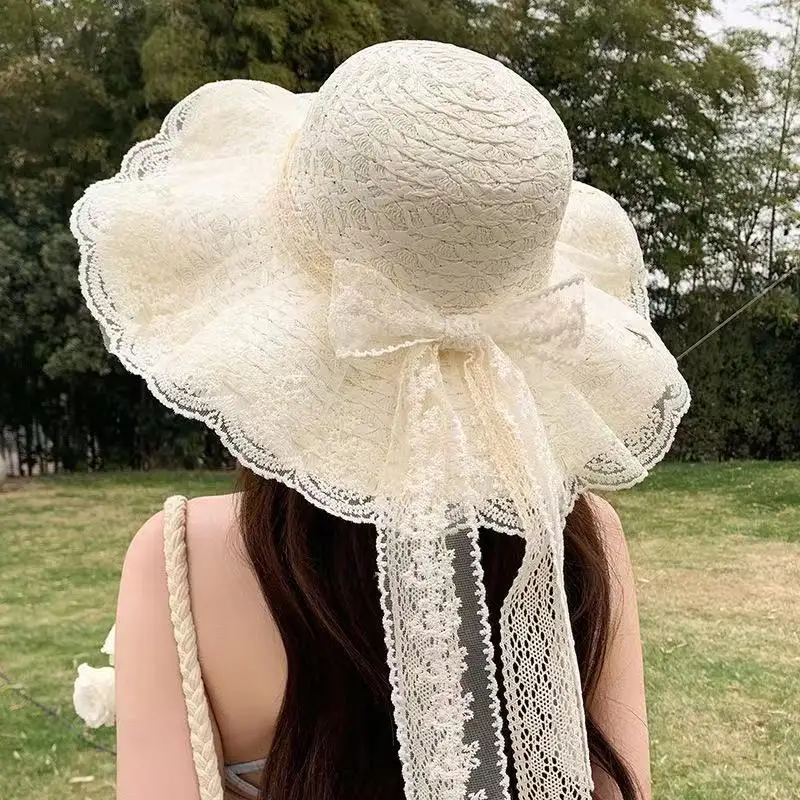 

Women's Lace Strap Bow Straw Sunshade Hat Big Brim Summer Beach Vacation Hat for Sun Protection