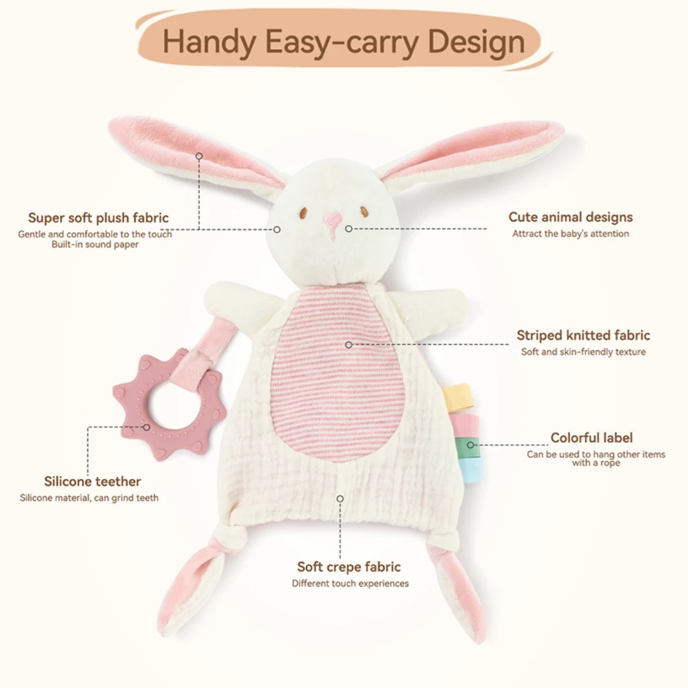 Plush Bunny Security Blanket Baby Sensory Soothing Toy Soft Fabric Comforter with Silicone Teether Crinkle Sound Montessori Toy