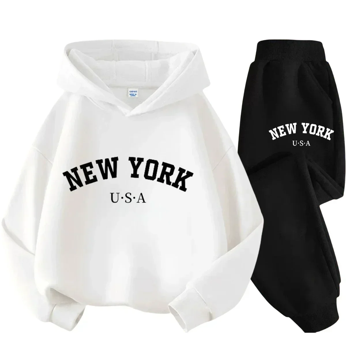Kinder-Hoodie-Set Herbst Winter New York USA Buchstaben-Grafik Sweatshirt Hosenanzug Baby Jungen Mädchen Kinder Sport Zweiteiliger Trainingsanzug – Detail 4