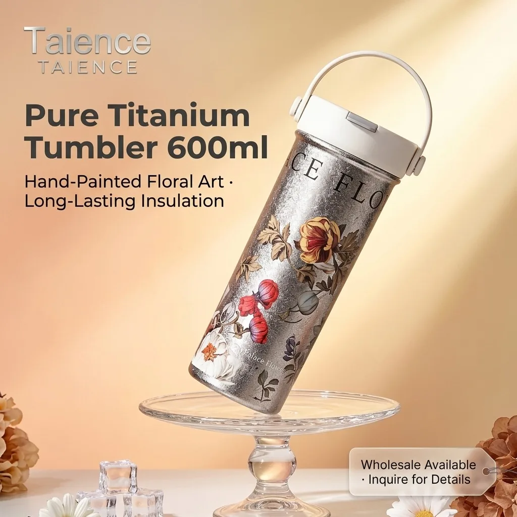 Taience Titanium Tumbler 600ml Insulated Thermos with Straw and Tea Infuser Hand-Painted Floral Art Leak Proof Gift Box