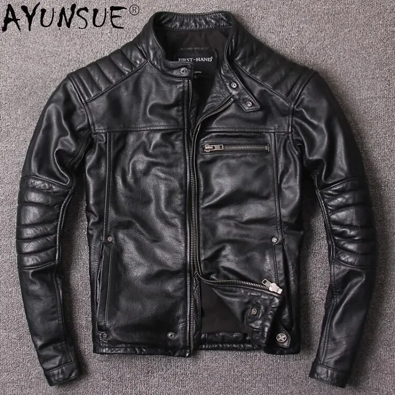 

AYUNSUE New Autumn Winter Genuine Cow Leather Jackets for Men Leather Motorcycle Jacket Casual Leather Coat Chamarras Hombre SGG