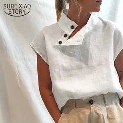Fashion Cotton Linen T Shirt Lightweight Women's Shirt Round Slit Button Down Collar Short Sleeve Solid Top Casual Tops