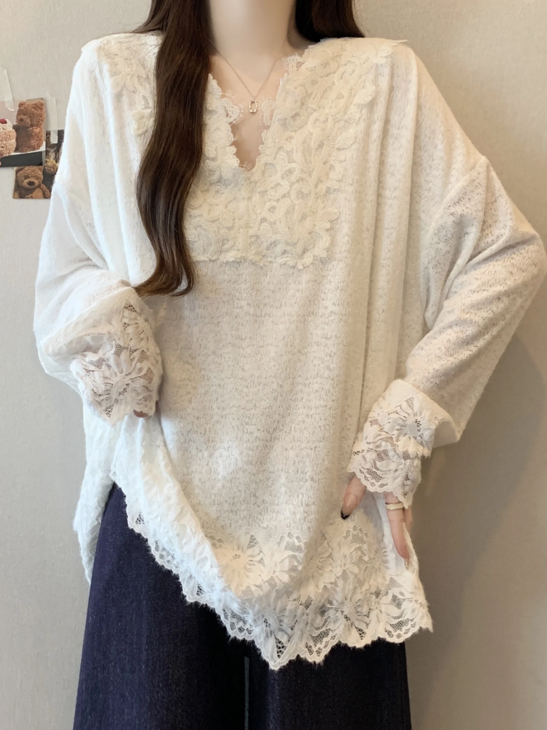 

French Sle Long Sve Lace V-Ne T-irt Women's plus Size Loose Mid-Length Base irt Top Trendy Autumn Winter Cotton