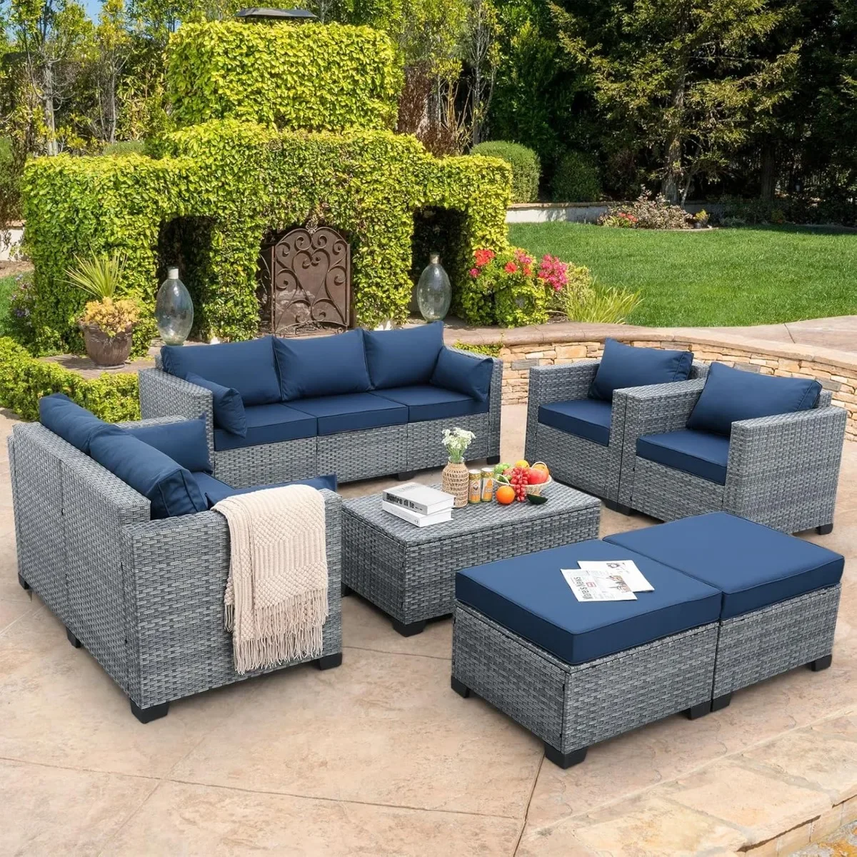 7 Piece Wicker Patio Furniture Sets Outdoor Conversation Set, PE Rattan Sectional Sofa Couch with Storage Table