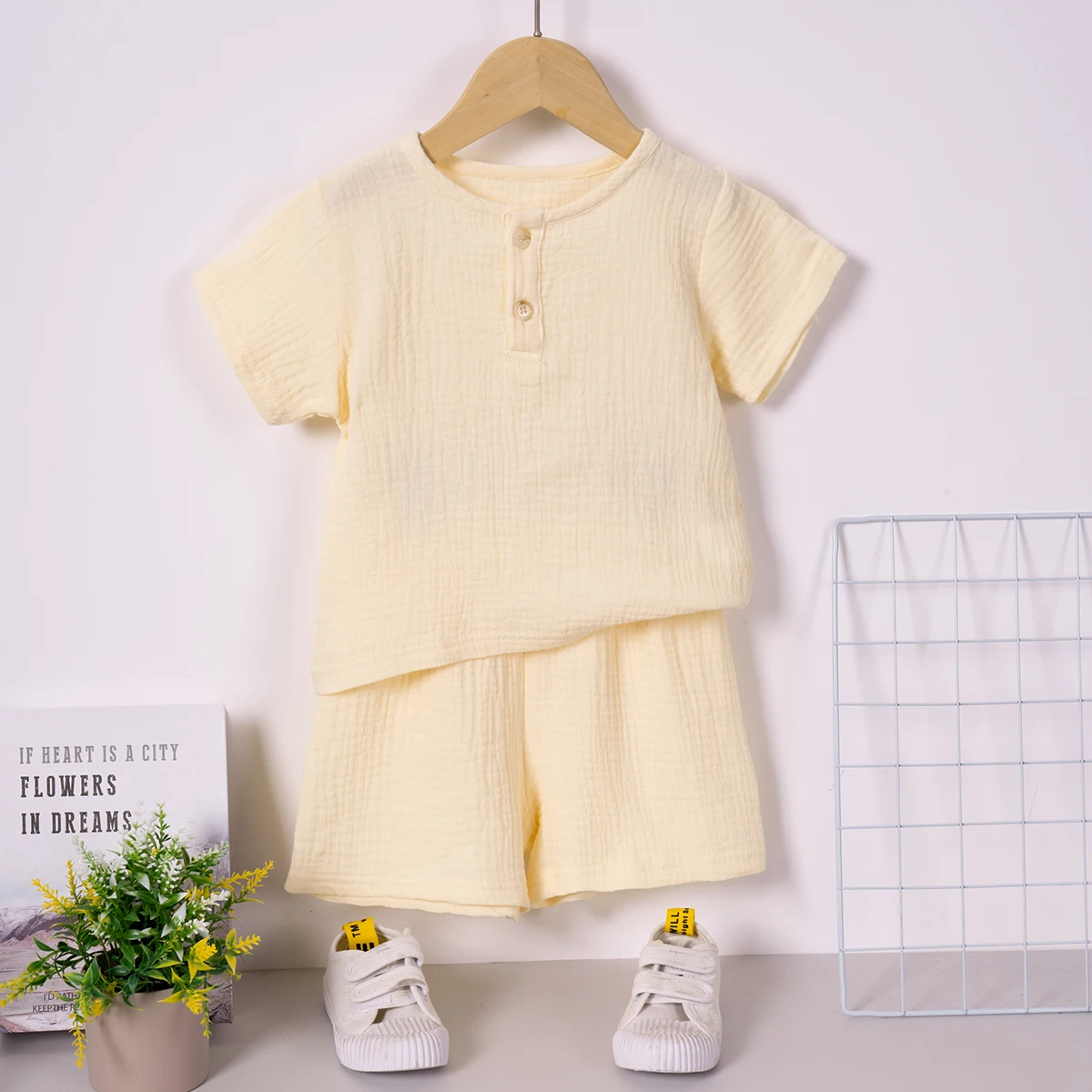 Sommer Kleinkind Jungen Musselin Baumwolle Sets Solide Shorts Ärmeln Taste T-shirt und Shorts 2 stücke Kleidung Sets 1-7Y Kinder Kleidung