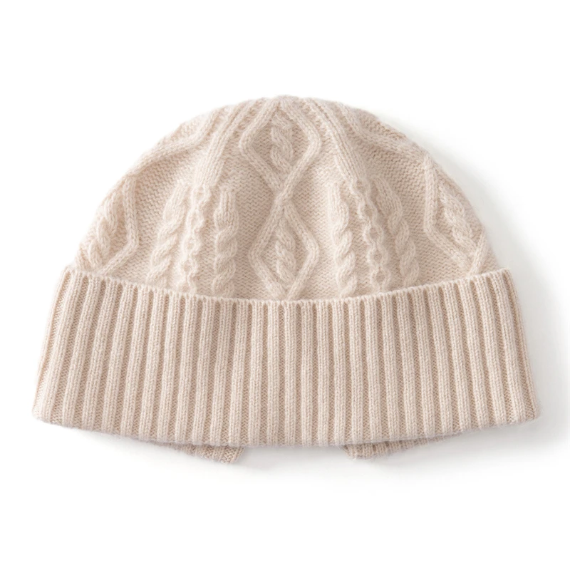 KOIJINSKY 100% Pure Cashmere Beanie Hat Women Diamond Cable Knit Ribbed Fold Cuff Warm Winter Knit Cap