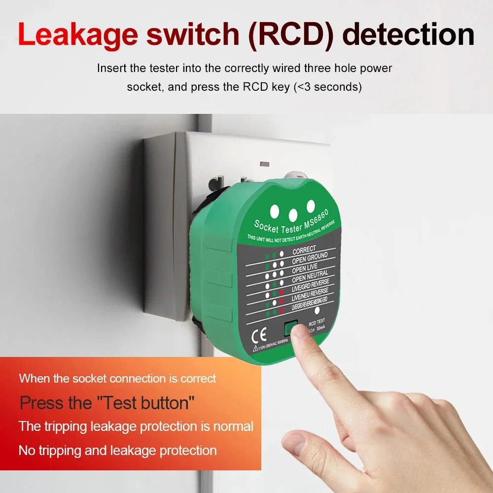 30mA Socket Tester Voltage Test Socket Detector RCD Socket Detector US UK  EU Plug Ground Zero Line Plug Polarity Phase Check