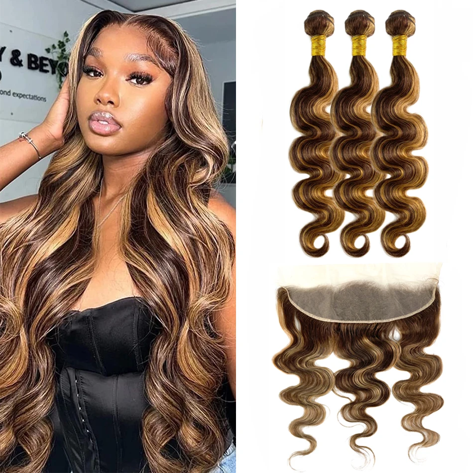 Body Wave Bundles With Frontal P4-27 Natural Brazilian Human Hair 3 Bundle with 13x4 Lace Frontal Honey Blonde Highlight Bundles