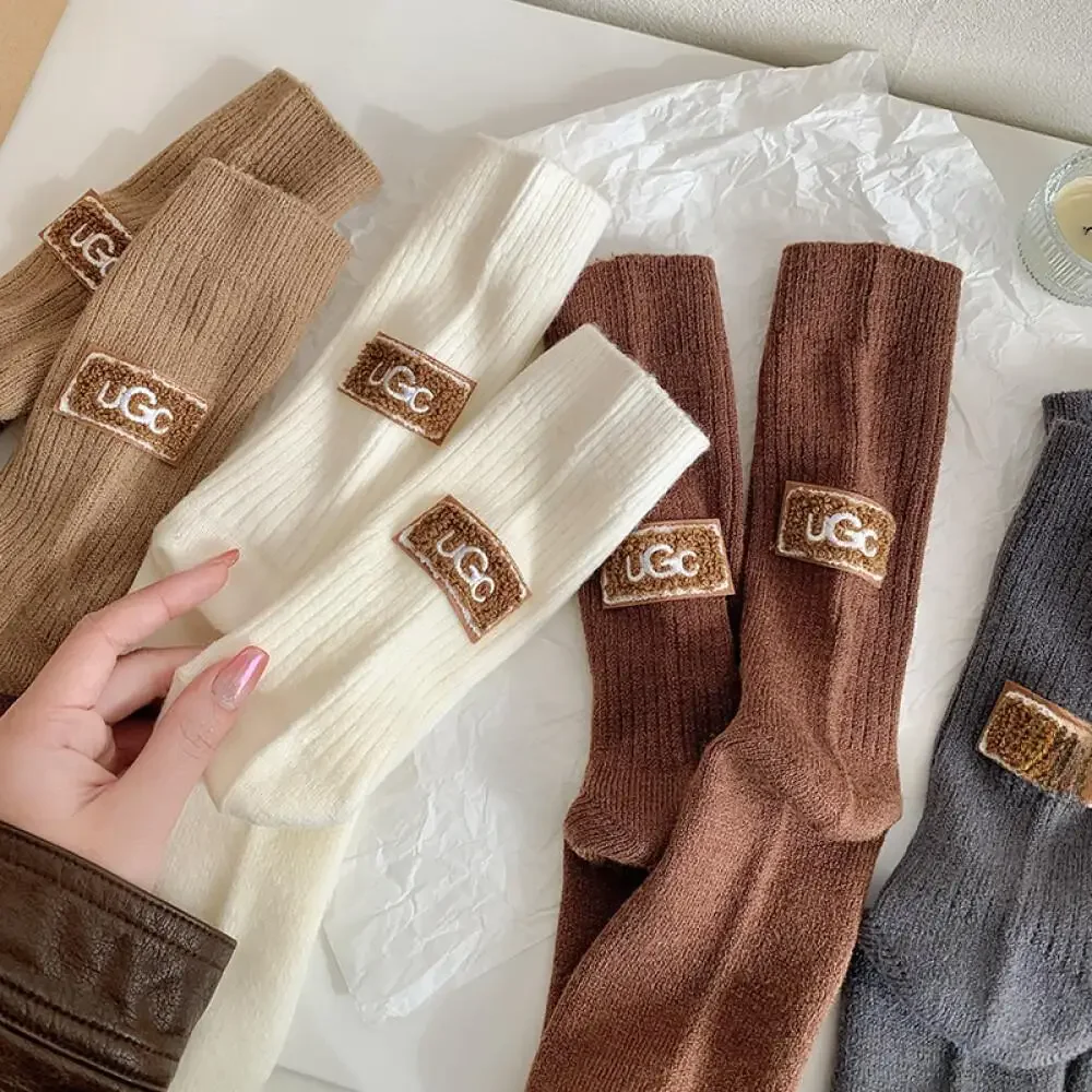 Winter Warm Velvet Socks Thickened Pile Multicolor Embroidered Logo Mid Calf Length Brown Casual Cotton Hosiery Cozy Foot Wear