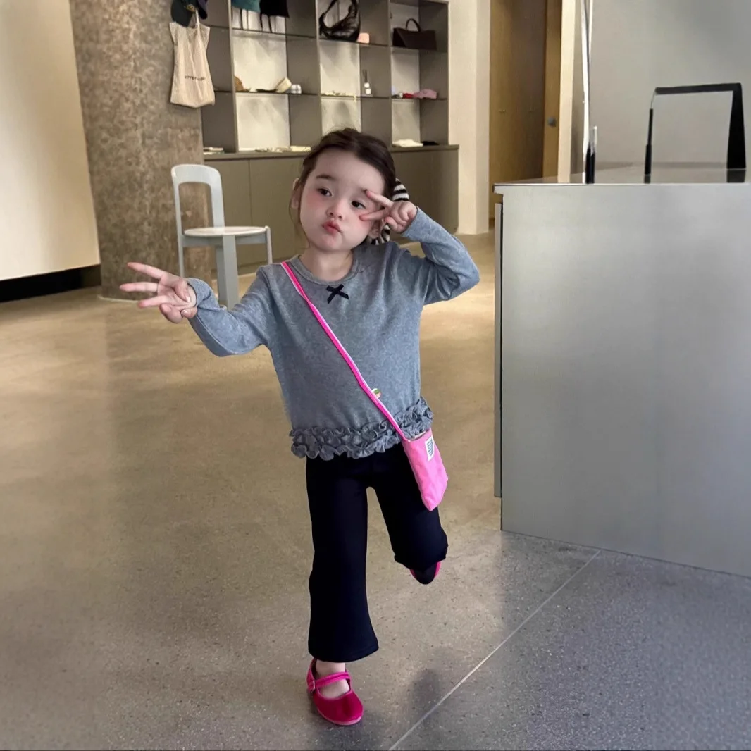 

2025 New Girls' Autumn Clothes Bow Long Sleeve T-Shirt Children's Clothing Base Jacket Solid Colour Top