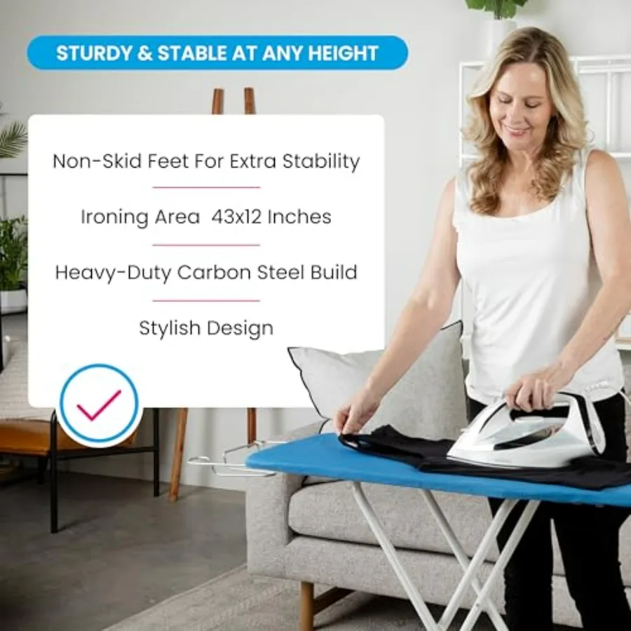 لوح كي عالي التحمل مع مسند حديد سلكي قابل للسحب مقاس 43 × 12 بوصة وثبات رباعي الساق ومبطن سميك مكون من 4 طبقات مقاوم للسرقة