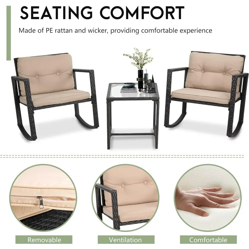 

Wicker Patio Furniture Outdoor Bistro Set, Rocking Chair, 3 Piece, Backyard Porch Poolside Lawn with Coffee Table,Black