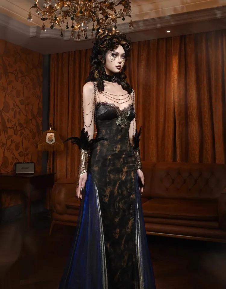 Blood Supply Original Gothic Golden European-style Classic Slim-fitting Sexy Big-flared Gorgeous Slip Dress Vestidos