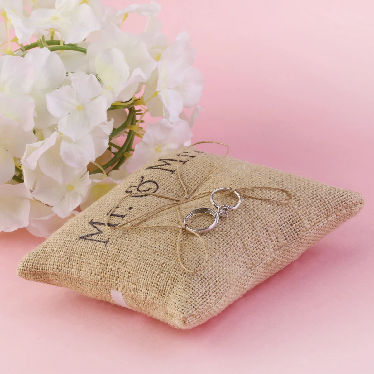 

Wedding Ring Pillow Handmade Burlap Jute Twine Mr Mrs Printed Double Heart Ring Bearer Pillow For Ceremony Party
