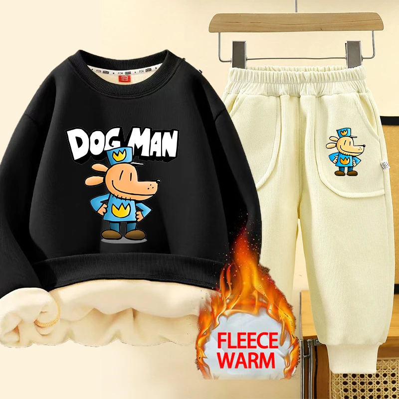 Dog Man Winter Children's Sweatshirt Pants Set Boys Girls Cartoon Anime Thick Pullover Hoodies Lamb Fleece Fashion Kid Top Gifts
