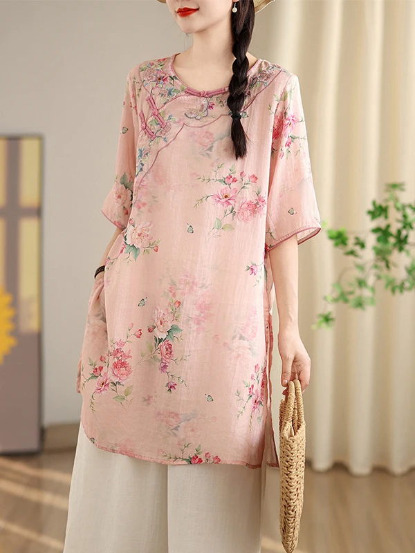 

New Chinese Sle Thin Printed Embroidered Midi irt Large Size Women's Button round Ne f Sve National Tea Costume Top