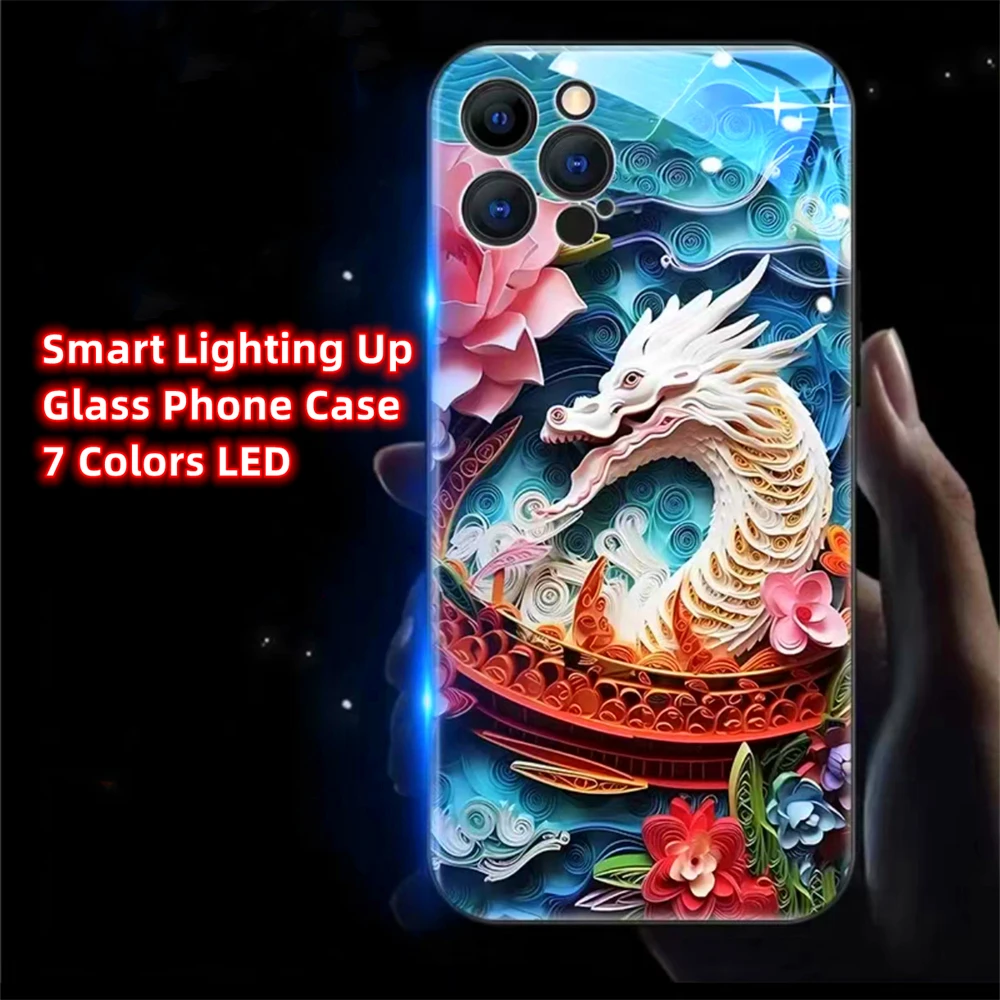 

Origami Sea Dragon Smart LED Light Glow Tempered Glass Phone Case For iPhone 15 14 13 12 11 Pro Max XR XS Plus 6 7 8 SE2020