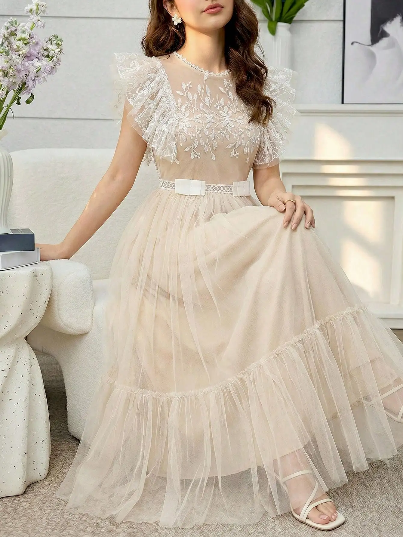 Elegant Beige Embroidered Tulle Dress With Ruffle Sleeves And Bow Waist