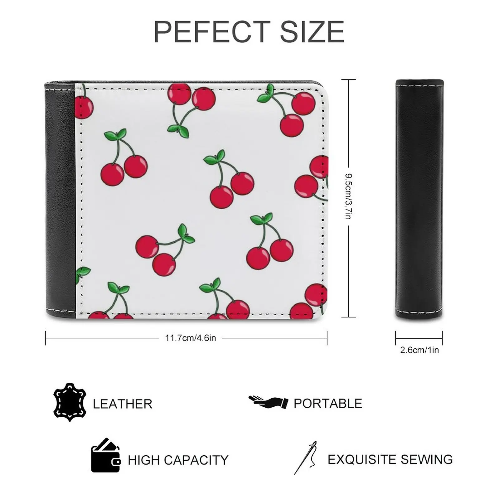 Cherries Leather Wallet Men Classic Black Purse Credit Card Holder Fashion Men's Wallet Cherry Fruit Poke Heart Kiss Sad