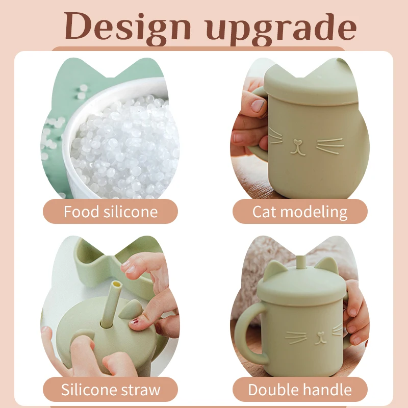 Baby Food Grade Feeding Cup Kid Double Handle Design Cute Cat Styling Straw Bottle Anti-Hot Leakproof Baby Silicone Feeding Cups