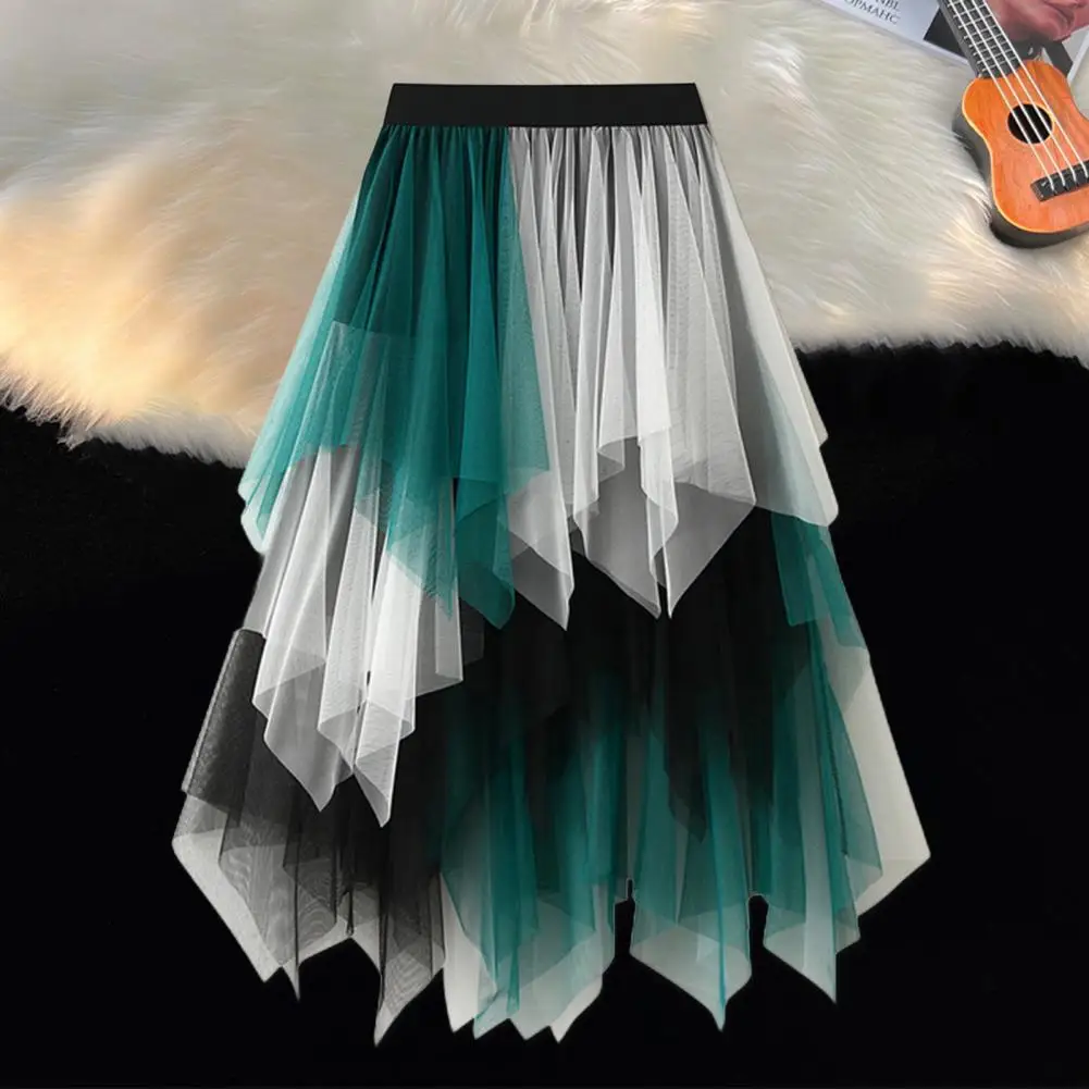 

Versatile Women Tulle Skirt High Waist Pleated Skirt Asymmetrical Women Skirt Contrast Color Irregular Hem Skirts
