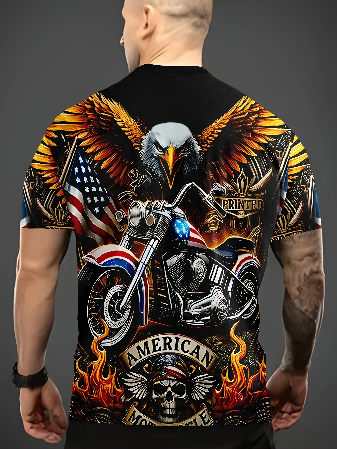 Herren American Eagle Motorrad-Print T-Shirt Lässiger O-Ausschnitt Kurzarm Vintage Biker Grafik-T-Shirt Streetwear Oberteil – Detail 3