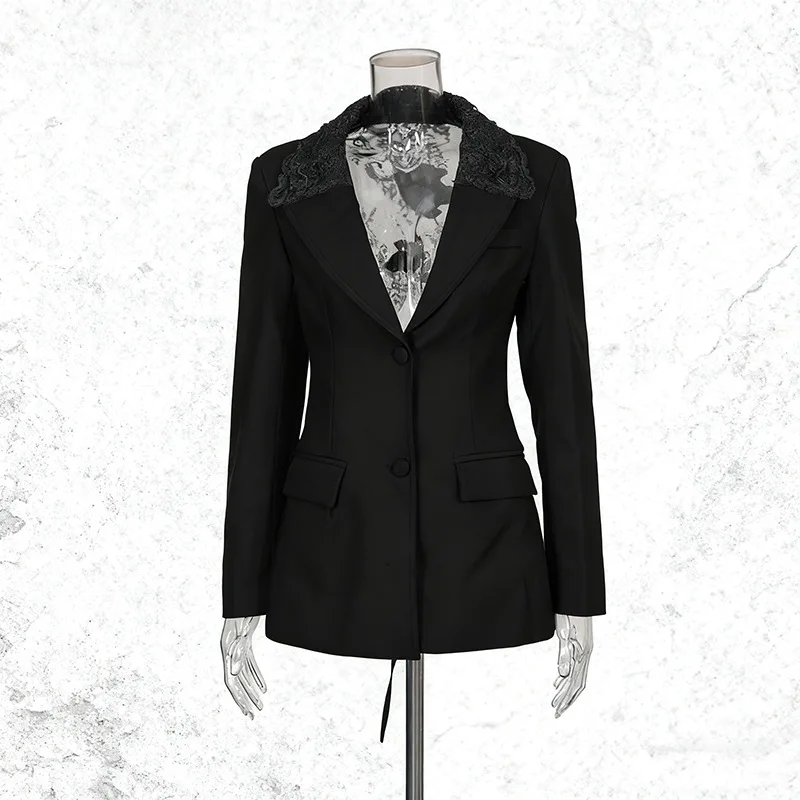 Intellectual commuter style small suit sexy V-neck hollow lace slim fit long-sleeved blazer