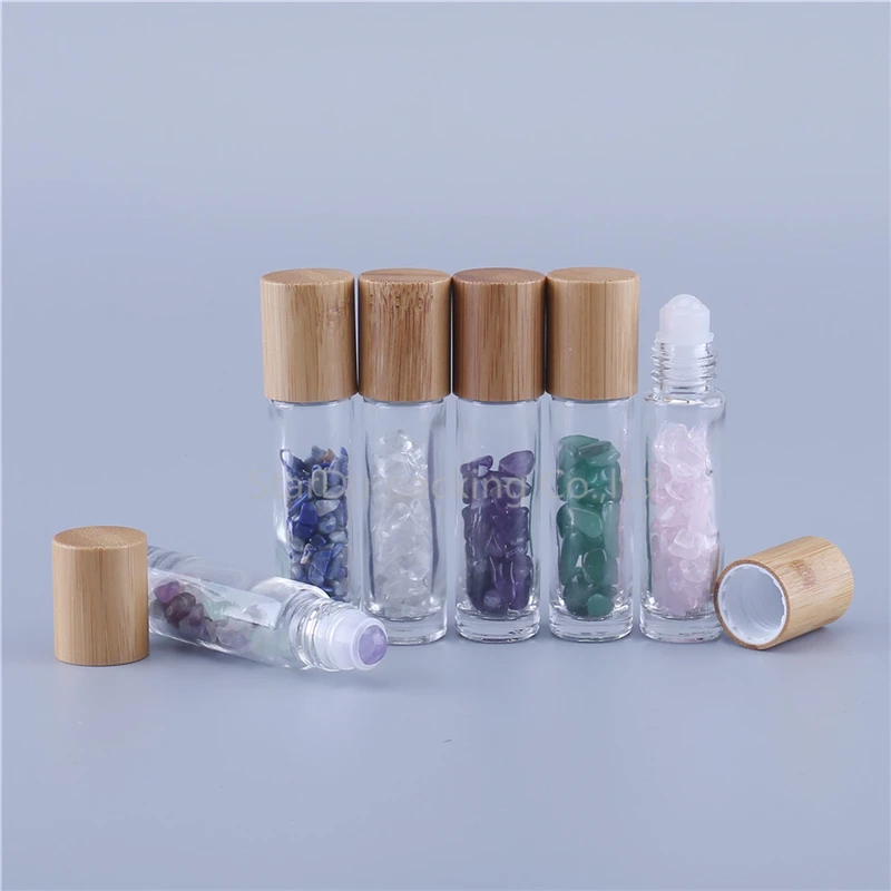 480 garrafas roll-on de vidro de massagem essencial transparente recarregáveis de 10ml com bolas de rolo de jade coloridas cascalho dentro