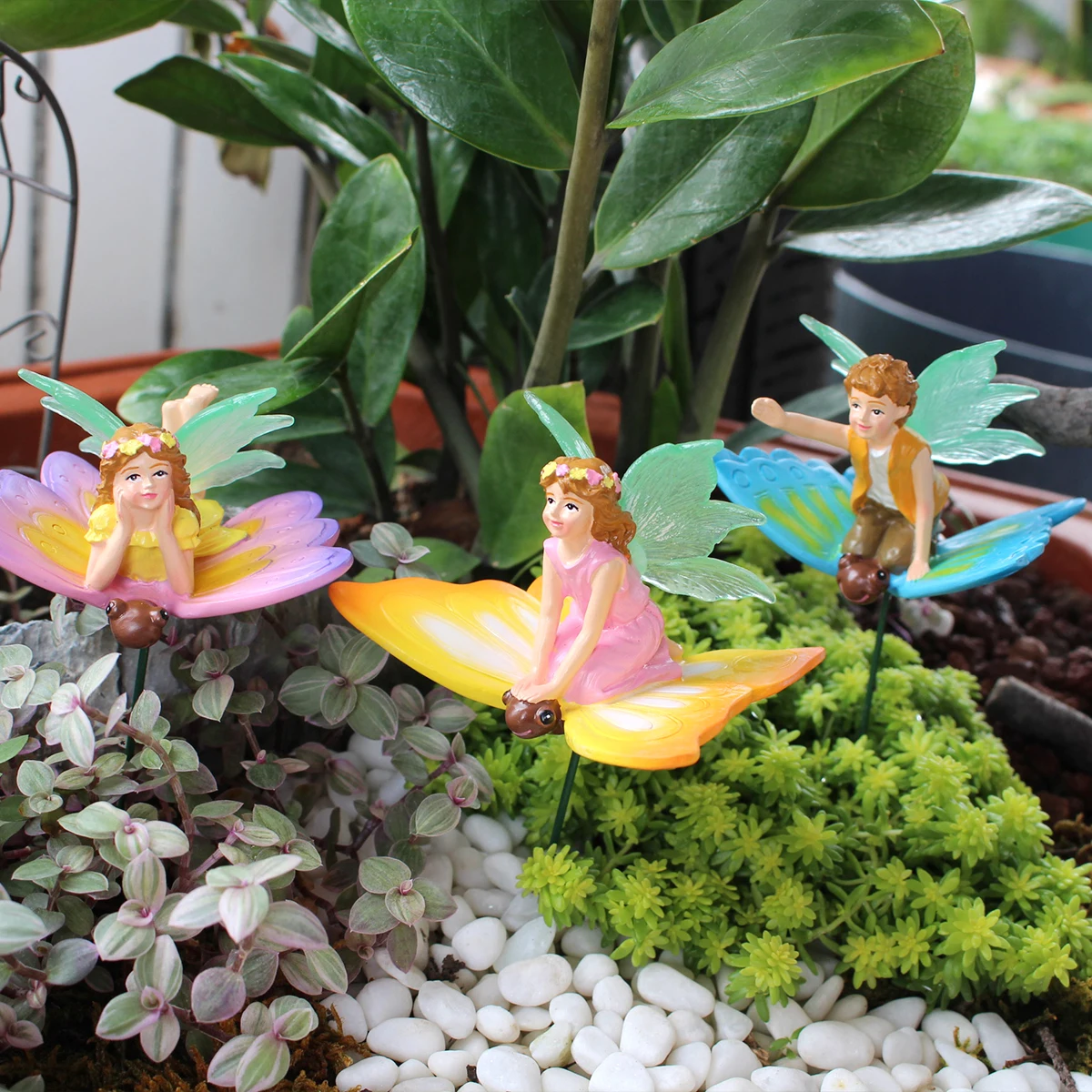 3pc Flower Fairy Riding Butterfly Resin Craft, Creative Garden Bonsai Decoration Plugin, Luminous Wings Flower Fairy