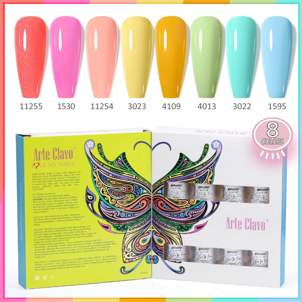 

Набор гель-лаков Arte Clavo, 8 шт., 8 мл, без HEMA и TPO, с коробкой, полуперманентный УФ-гель, смываемый, для маникюра, набор для нейл-арта.
