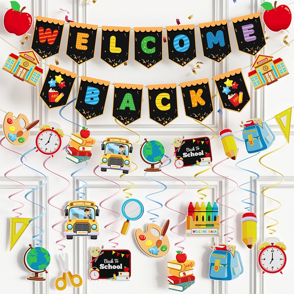 

Back to School Flag Colorful Pencil School Bus Welcome Back Opening Season Party Decor Garden Hanging Bunting Classroom Supplies