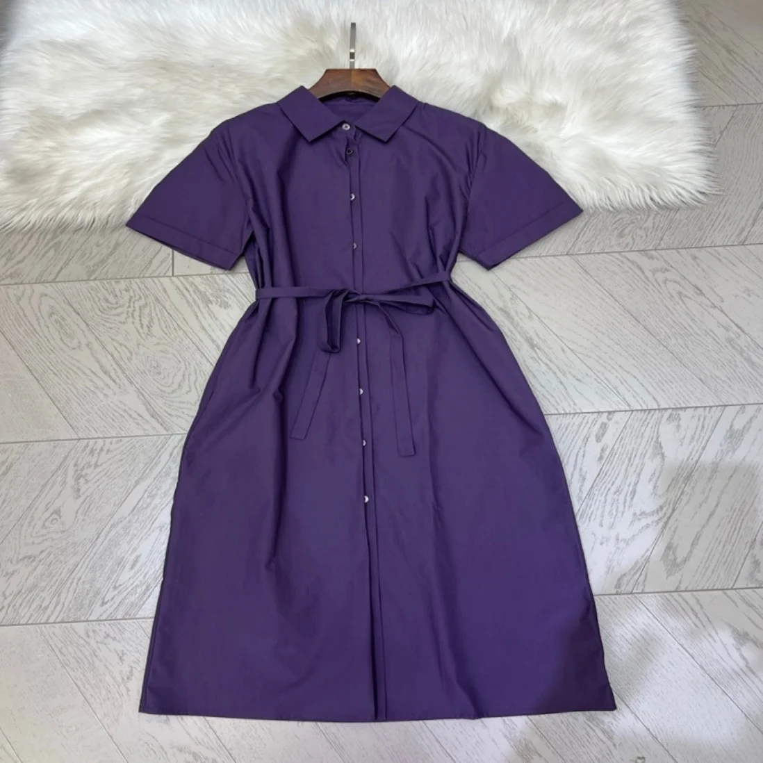 Women's Summer Elegant Purple Belted Midi Dress Slim Fit A-Line Casual Party Dress