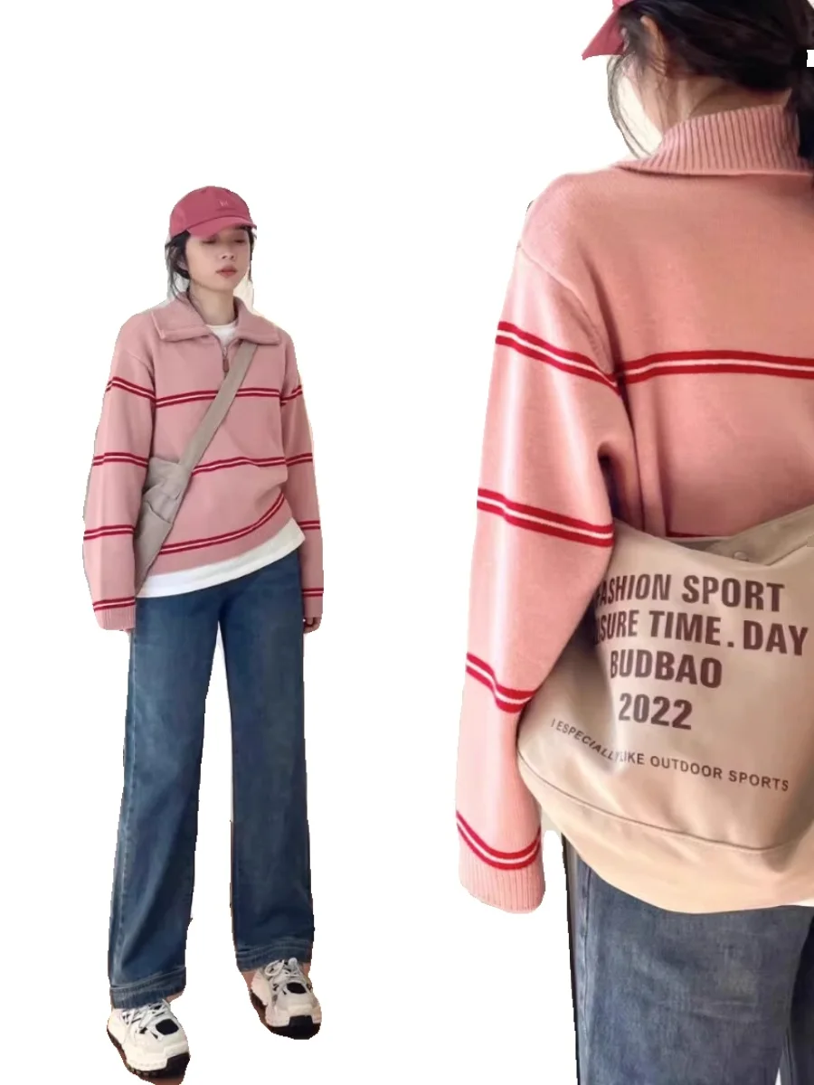 الوردي محبوك سترة مخطط كسول Sle الرجعية اللون بلو المرأة الخريف الشتاء حجم صغير العلوي بدوره طوق Kni...