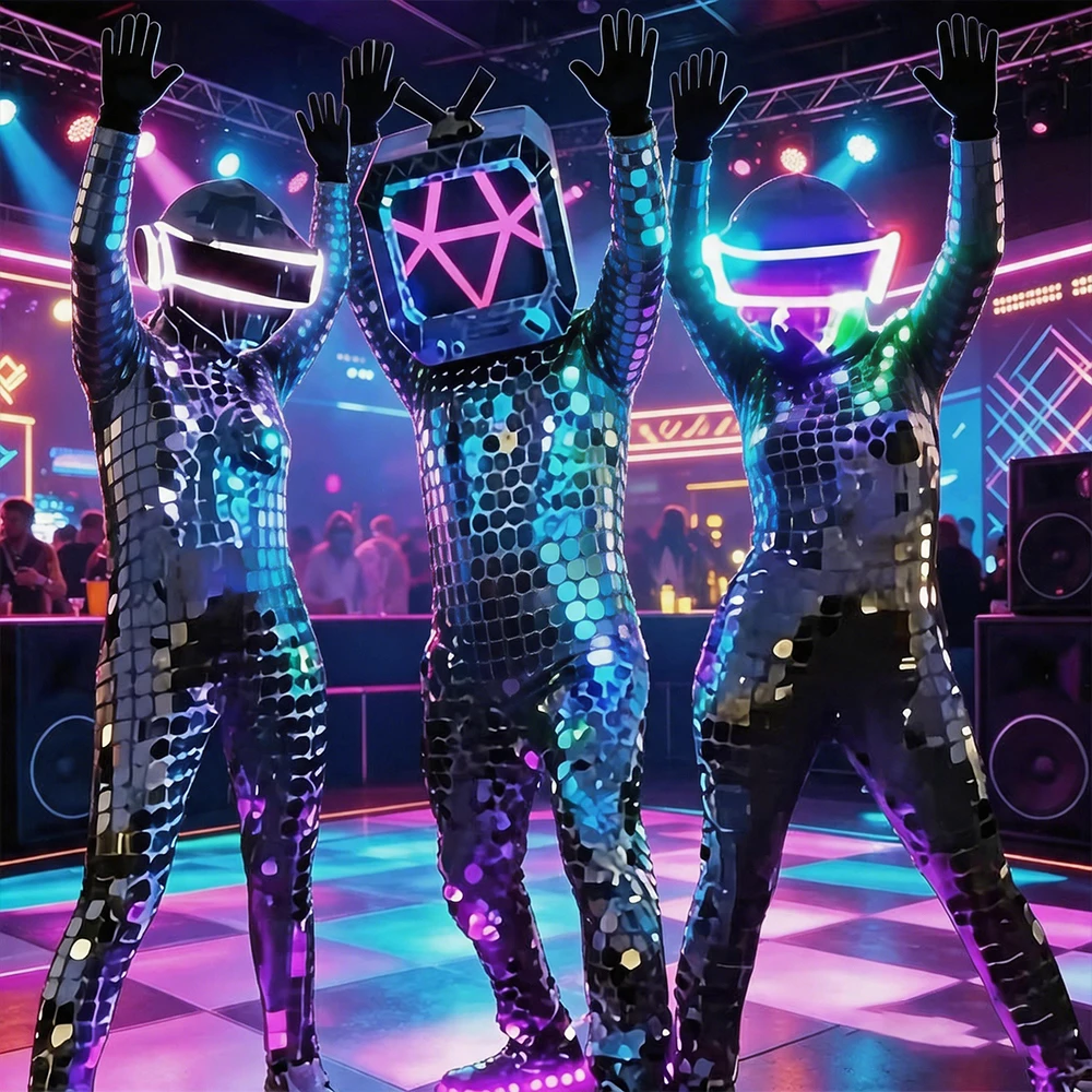 

Futuristic LED Mirror Robot Costume for Stage Performance Disco Ball TV Head Outfit Men's Carnival Festival Party Suit