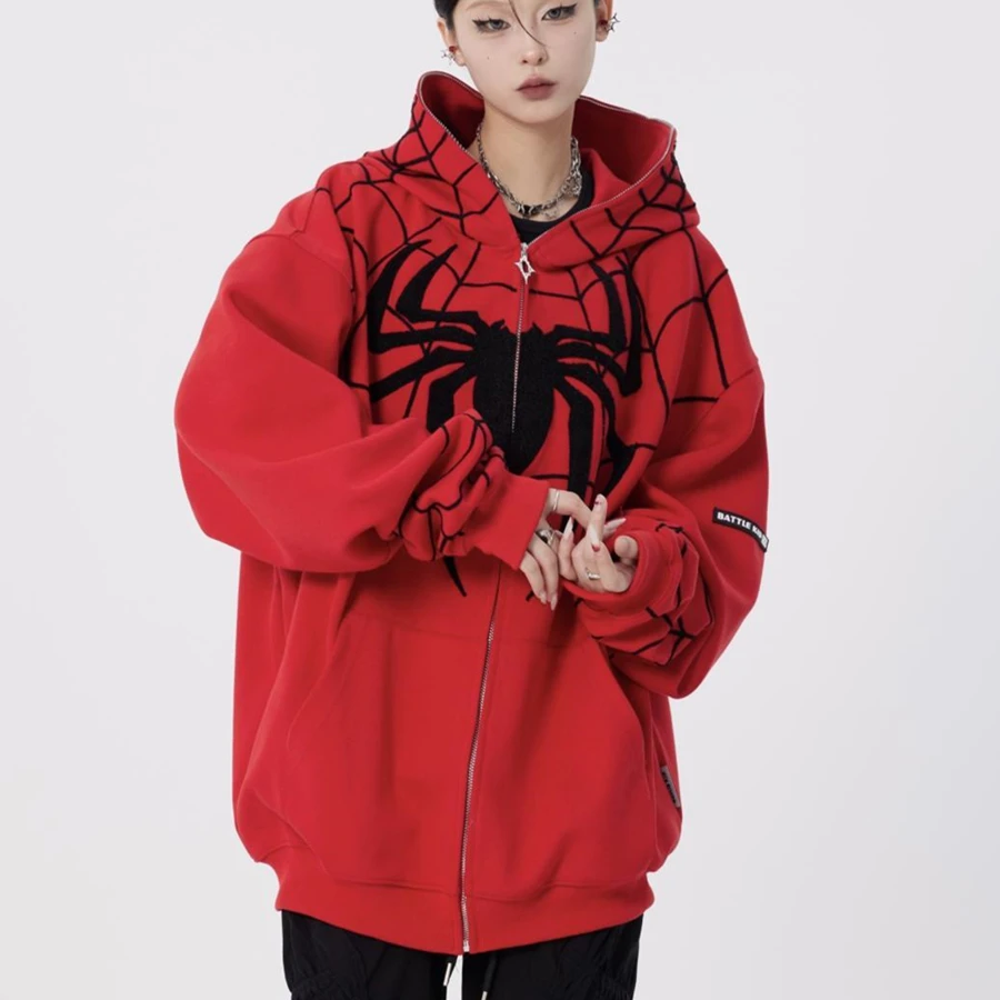 Funny Cartoon Web Spider Printed Zip Up Hoodie Hip Hop Mens Teenage Sweatshirt Coats Loose Oversized Kawaii Clothes Harajuku Top